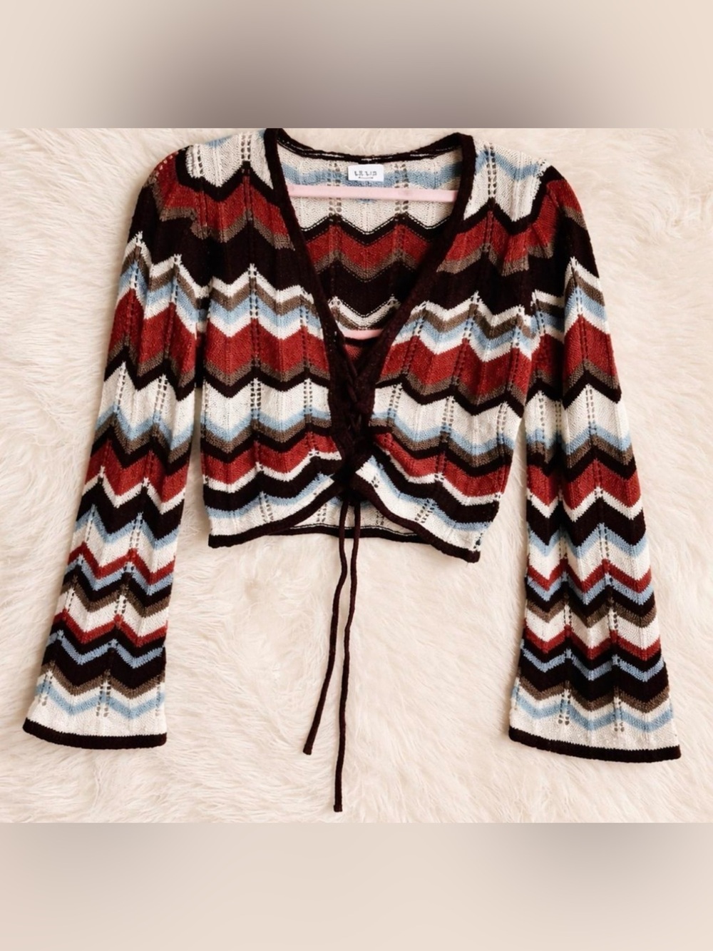 Le Lis Fall Rust, Ivory & Black Chevron Tie-Front Knit Top